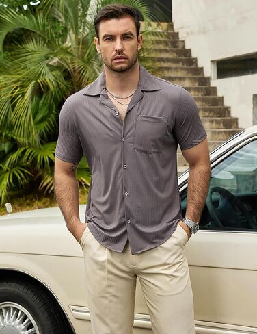 VATPAVE Mens Casual Summer Shirts Short Sleeve Button Down Shirts Fashion Textured Beach Hawaiian Shirts with Pocket in Saudi Arabia