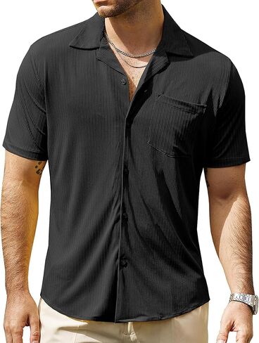 VATPAVE Mens Casual Summer Shirts Short Sleeve Button Down Shirts Fashion Textured Beach Hawaiian Shirts with Pocket in Saudi Arabia
