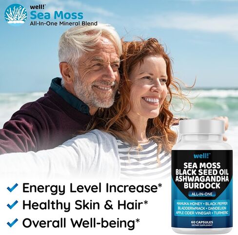 Sea Moss 3000, Black Seed Oil 2000, Ashwagandha 1000, Bladderwrack, Maca Turmeric - Manuka Honey, Dandelion & Black Pepper, Super Antioxidants Supplement in Saudi Arabia