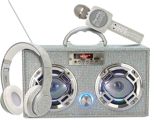 حزمة Wireless Express Bling - صندوق Boombox صغير LED مع راديو وبلوتوث - ميكروفون كاريوكي وسماعات فوق الأذن مع بلوتوث - حزمة سماعات ميكروفون الراديو in Kuwait