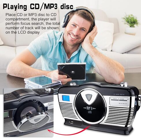 BIGMONAT Retro Style Portable CD Boombox مع راديو FM - مشغل موسيقى منزلي MP3 Boombox مع منفذ USB - مقبس سماعة الرأس - تيار متردد وبطارية متوافقة - شاشة LCD - مقبض حمل in Kuwait