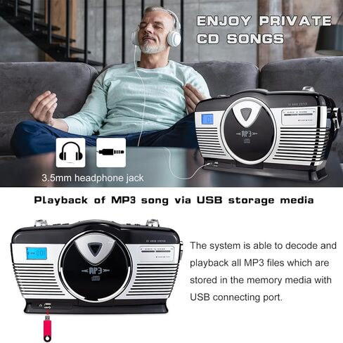 BIGMONAT Retro Style Portable CD Boombox مع راديو FM - مشغل موسيقى منزلي MP3 Boombox مع منفذ USB - مقبس سماعة الرأس - تيار متردد وبطارية متوافقة - شاشة LCD - مقبض حمل in Kuwait