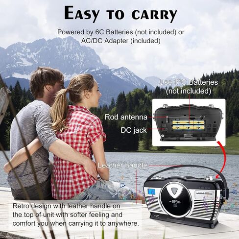 BIGMONAT Retro Style Portable CD Boombox مع راديو FM - مشغل موسيقى منزلي MP3 Boombox مع منفذ USB - مقبس سماعة الرأس - تيار متردد وبطارية متوافقة - شاشة LCD - مقبض حمل in Kuwait