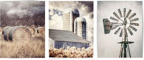 Lisa Russo Fine Art - مطبوعات صور لديكور حائط المزرعة Rustic Barn Hay Windmill - مجموعة من 3 - غير مؤطرة - بيج، رمادي، أسمر ضارب للصفرة (3 مطبوعات صغيرة مقاس 5 × 7 فقط) in Kuwait