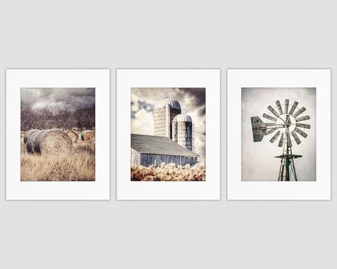 Lisa Russo Fine Art - مطبوعات صور لديكور حائط المزرعة Rustic Barn Hay Windmill - مجموعة من 3 - غير مؤطرة - بيج، رمادي، أسمر ضارب للصفرة (3 مطبوعات صغيرة مقاس 5 × 7 فقط) in Kuwait