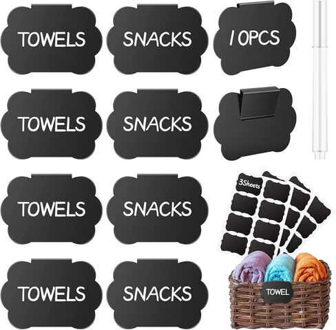 ملصقات لصناديق التخزين مجموعة 14 قطعة، ملصقات سلة بمشبك، ملصقات مخزن المطبخ قابلة للإزالة، ملصقات السبورة مع علامات الطباشير البيضاء لصندوق تنظيم مخزن سلة التخزين (أسود) in Kuwait