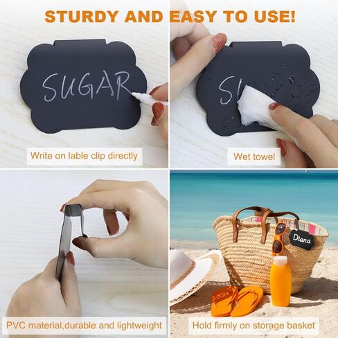 ملصقات لصناديق التخزين مجموعة 14 قطعة، ملصقات سلة بمشبك، ملصقات مخزن المطبخ قابلة للإزالة، ملصقات السبورة مع علامات الطباشير البيضاء لصندوق تنظيم مخزن سلة التخزين (أسود) in Kuwait