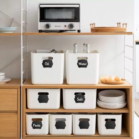 ملصقات لصناديق التخزين مجموعة 14 قطعة، ملصقات سلة بمشبك، ملصقات مخزن المطبخ قابلة للإزالة، ملصقات السبورة مع علامات الطباشير البيضاء لصندوق تنظيم مخزن سلة التخزين (أسود) in Kuwait