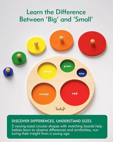 BOBY Montessori Wooden Shape & Size Puzzle for Toddlers 1-3, Large Easy-Grip Knobs, Color Sorting Learning Toy, Safe Thickened Wood Peg Puzzle for Baby Boys Girls (Multiple Circle Puzzles) in Saudi Arabia