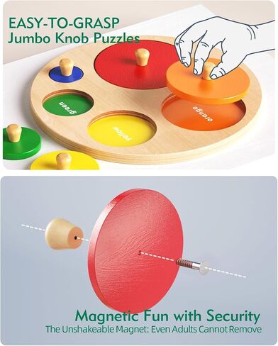 BOBY Montessori Wooden Shape & Size Puzzle for Toddlers 1-3, Large Easy-Grip Knobs, Color Sorting Learning Toy, Safe Thickened Wood Peg Puzzle for Baby Boys Girls (Multiple Circle Puzzles) in Saudi Arabia