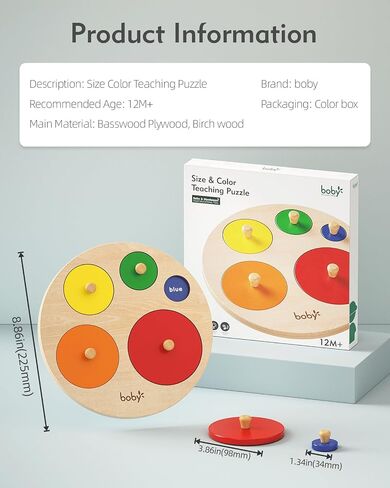 BOBY Montessori Wooden Shape & Size Puzzle for Toddlers 1-3, Large Easy-Grip Knobs, Color Sorting Learning Toy, Safe Thickened Wood Peg Puzzle for Baby Boys Girls (Multiple Circle Puzzles) in Saudi Arabia