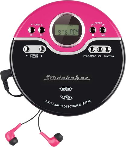 مشغل الأقراص المضغوطة المحمول Studebaker Pink Retro | تشغيل أقراص CD-R/RW MP3 | مشغل أقراص مضغوطة شخصي قابل للبرمجة | مكافحة التخطي | راديو اف ام | تعزيز ميجا باس | سماعات أذن رياضية (أرجواني عتيق) in Kuwait