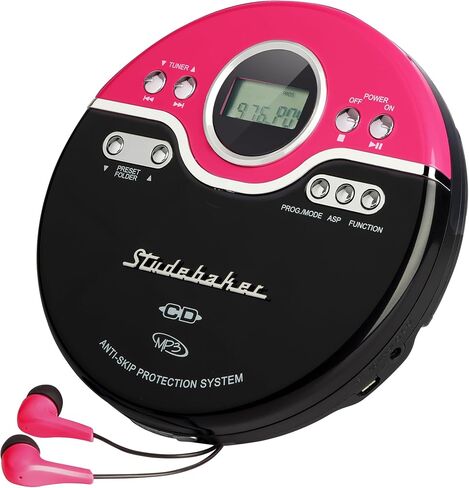 مشغل الأقراص المضغوطة المحمول Studebaker Pink Retro | تشغيل أقراص CD-R/RW MP3 | مشغل أقراص مضغوطة شخصي قابل للبرمجة | مكافحة التخطي | راديو اف ام | تعزيز ميجا باس | سماعات أذن رياضية (أرجواني عتيق) in Kuwait