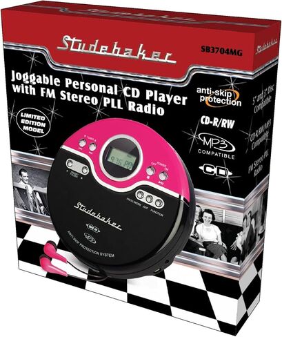 مشغل الأقراص المضغوطة المحمول Studebaker Pink Retro | تشغيل أقراص CD-R/RW MP3 | مشغل أقراص مضغوطة شخصي قابل للبرمجة | مكافحة التخطي | راديو اف ام | تعزيز ميجا باس | سماعات أذن رياضية (أرجواني عتيق) in Kuwait