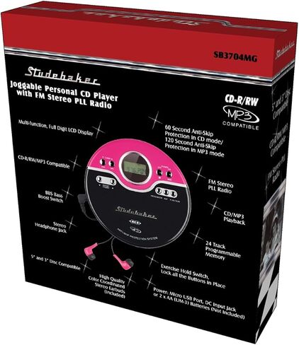 مشغل الأقراص المضغوطة المحمول Studebaker Pink Retro | تشغيل أقراص CD-R/RW MP3 | مشغل أقراص مضغوطة شخصي قابل للبرمجة | مكافحة التخطي | راديو اف ام | تعزيز ميجا باس | سماعات أذن رياضية (أرجواني عتيق) in Kuwait