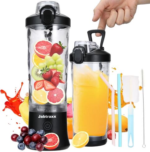 خلاط Jabtraxx المحمول، خلاط بحجم شخصي للمخفوقات والعصائر مع 6 شفرات، كوب خلاط صغير بوزن 20 أونصة مع غطاء سفر وUSB قابل لإعادة الشحن للمكتب وصالة الألعاب الرياضية والمطبخ (أسود) in Saudi Arabia