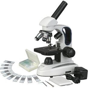 AmScope M158C-2L-E2 مجهر أحادي مركب، عدسات WF10x وWF25x، تكبير 40x-1000x، إضاءة LED العلوية والسفلية، Brightfield، مكثف أحادي العدسة، تركيز محوري خشن ودقيق، مرحلة عادية، 110 فولت، يتضمن كاميرا وبرمجيات 2 ميجابكسل in Kuwait
