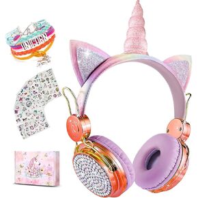 Unicorn Wireless Headphones for Kids,Cat Ear Bluetooth 5.0 Over Ear Headphones with Microphone for Cellphone/iPad/Laptop/PC/TV/PS4/Xbox One, Foldable Gaming Headset for Girls Teens Gift (Blue) … in Saudi Arabia