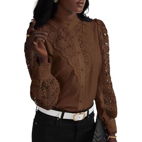 Rooscier Women's Lace Crochet Mock Neck Long Sleeve Button Elegant Blouse Shirt Top in Kuwait