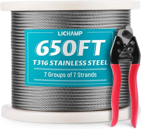 Lichamp 250FT 1/8" Stainless Steel Wire Rope Cable, Aircraft 316 SS Braided Steel Wire Thin Metal Cable Hardware for Deck Railing Handrail Safety System, SSC250 in Saudi Arabia