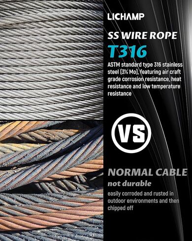 Lichamp 250FT 1/8" Stainless Steel Wire Rope Cable, Aircraft 316 SS Braided Steel Wire Thin Metal Cable Hardware for Deck Railing Handrail Safety System, SSC250 in Saudi Arabia