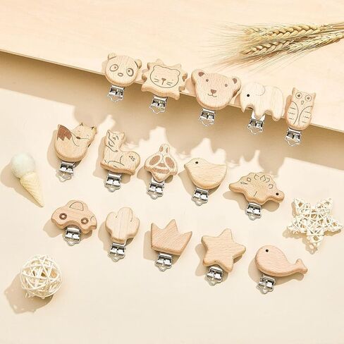 20 Pieces Wood Pacifier Clips Toy Suspender Clips Charm DIY Pacifier Holder Clips for Baby Toddler Teething Grasping Pacifier Chain Accessory in Saudi Arabia