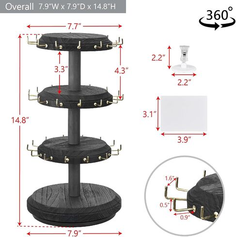 MOOCA Wooden Rotating Four-Sided Pegboard Jewelry Accessories Rack with Large Storage Space, 48 Removable Hooks, Brown Color in Kuwait