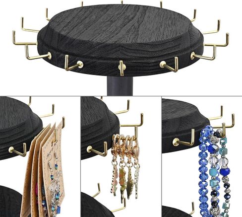 MOOCA Wooden Rotating Four-Sided Pegboard Jewelry Accessories Rack with Large Storage Space, 48 Removable Hooks, Brown Color in Kuwait