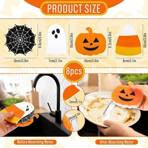 8pcs alloween المطبخ إسفنجات لطيف شبح القرع العنكبوت الذرة العنكبوت ويب غسل الإسفنجة غير خدش تنظيف الإسفنج لقضاء العطلة حمام المطبخ المنزل in Saudi Arabia