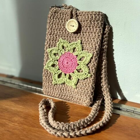 Caramel Brown Crochet Sunflower Phone Bag – Handmade Small Crossbody Purse for Women, Recycled Cotton Yarn Phone Holder with Strap, Fits Essentials • Phone • Cards • Cash in Saudi Arabia