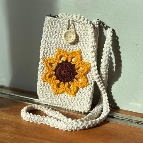 Caramel Brown Crochet Sunflower Phone Bag – Handmade Small Crossbody Purse for Women, Recycled Cotton Yarn Phone Holder with Strap, Fits Essentials • Phone • Cards • Cash in Saudi Arabia