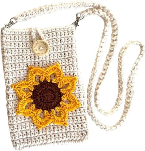 Handmade Ivory Crochet Phone Bag with Sunflower – Small Crossbody Purse for Women, Recycled Cotton Phone Holder with Removable Strap, Fits Phone • Cards • Cash (Light Neutral Color) in Saudi Arabia