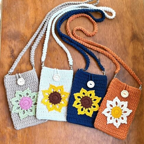 Handmade Ivory Crochet Phone Bag with Sunflower – Small Crossbody Purse for Women, Recycled Cotton Phone Holder with Removable Strap, Fits Phone • Cards • Cash (Light Neutral Color) in Saudi Arabia