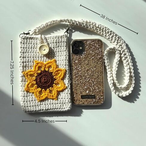 Handmade Ivory Crochet Phone Bag with Sunflower – Small Crossbody Purse for Women, Recycled Cotton Phone Holder with Removable Strap, Fits Phone • Cards • Cash (Light Neutral Color) in Saudi Arabia