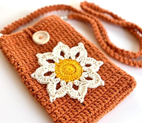 Handmade Ivory Crochet Phone Bag with Sunflower – Small Crossbody Purse for Women, Recycled Cotton Phone Holder with Removable Strap, Fits Phone • Cards • Cash (Light Neutral Color) in Saudi Arabia
