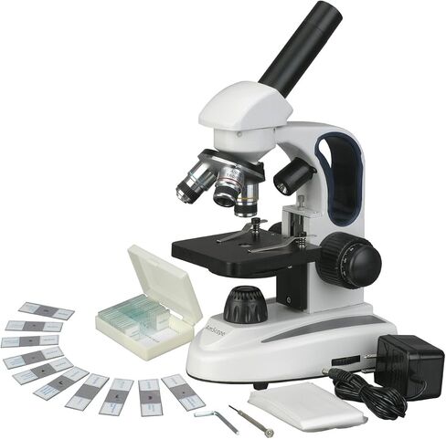 AmScope M158C-2L-E2 Compound Monocular Microscope, WF10x and WF25x Eyepieces, 40x-1000x Magnification, Upper and Lower LED Illumination, Brightfield, Single-Lens Condenser, Coaxial Coarse and Fine Focus, Plain Stage, 110V, Includes 2MP Camera and Software in Saudi Arabia