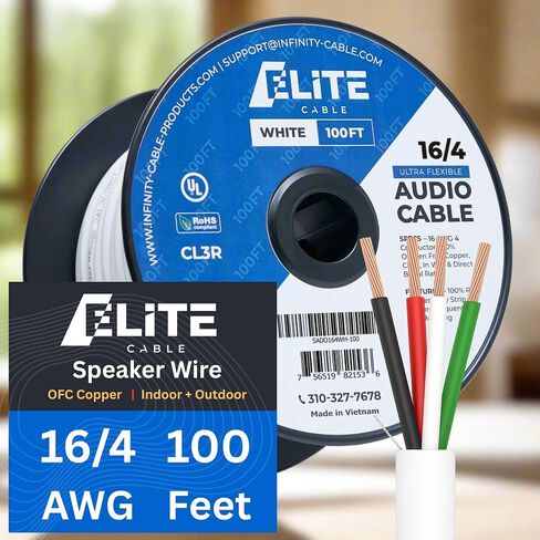 16/4 Audio Speaker Wire Cable, 16AWG/4-Conductor, UL Listed, CMR/CL3R, (Riser/in-Wall & Outdoor/In-Ground (Direct Burial)- 100% Oxygen Free Pure Bare Copper (OFC), 500ft Bulk Cable (65 Strands) in Saudi Arabia