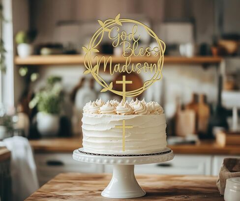 God Bless Cake Topper – Custom Wreath & Cross Charm for First Communion, Baptism, or Christening in Saudi Arabia