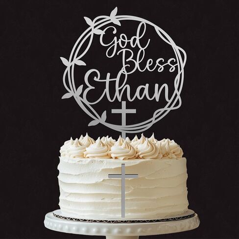 God Bless Cake Topper – Custom Wreath & Cross Charm for First Communion, Baptism, or Christening in Saudi Arabia