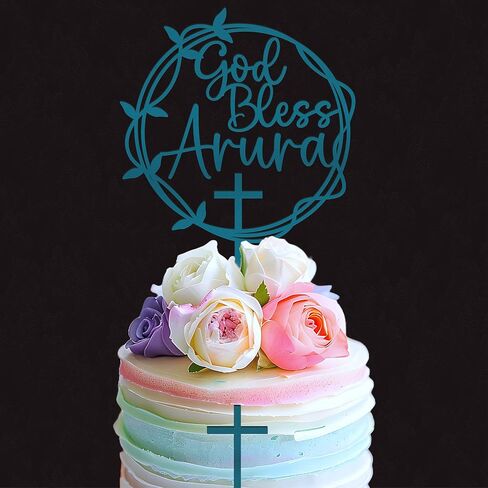 God Bless Cake Topper – Custom Wreath & Cross Charm for First Communion, Baptism, or Christening in Saudi Arabia