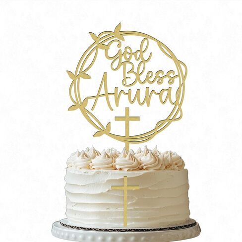 God Bless Cake Topper – Custom Wreath & Cross Charm for First Communion, Baptism, or Christening in Saudi Arabia