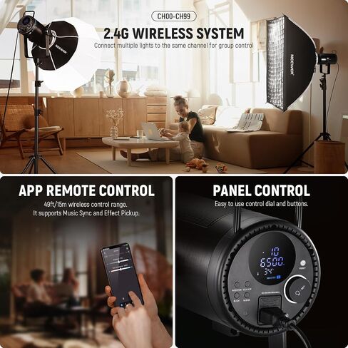 NEEWER CB60B 70W LED Video Light with 2.4G&APP Control, COB Bi Color 2700K-6500K 34000Lux at 1m/CCT Mode/CRI97+/12 Scenes/Bowens Mount Continuous Output Lighting for Studio Photograpny/Video Recording in Kuwait