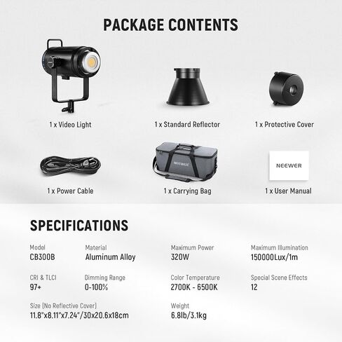 NEEWER CB60B 70W LED Video Light with 2.4G&APP Control, COB Bi Color 2700K-6500K 34000Lux at 1m/CCT Mode/CRI97+/12 Scenes/Bowens Mount Continuous Output Lighting for Studio Photograpny/Video Recording in Kuwait