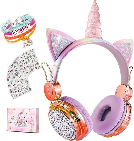Unicorn Wireless Headphones for Kids,Cat Ear Bluetooth 5.0 Over Ear Headphones with Microphone for Cellphone/iPad/Laptop/PC/TV/PS4/Xbox One, Foldable Gaming Headset for Girls Teens Gift (Blue) … in Kuwait