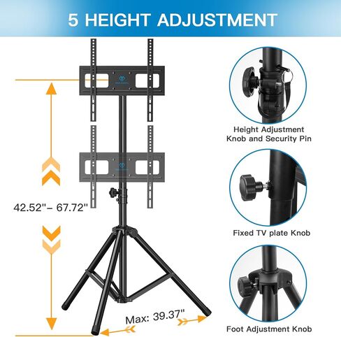 PERLESMITH Tripod TV Stand -Portable TV Stand for 37-80 Inch LED LCD OLED Flat Screen TVs-Height Adjustable Display Floor TV Stand with VESA 600x400mm, Holds up to 110lbs PSTM2 in Kuwait