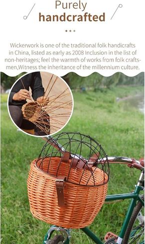 JTLB Wicker Bike Basket Pet Carrier Front Basket with Wire Mesh Cover Handwoven Durable Large Capacity for Pets Toys Books Vegetables Honey Brown Wood Color 30x25cm in Saudi Arabia