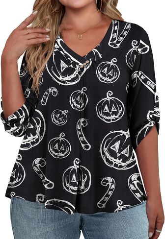 FOLUNSI Womens Plus Size 3/4 Roll Sleeve Blouses V Neck Casual Tunic Tops in Kuwait