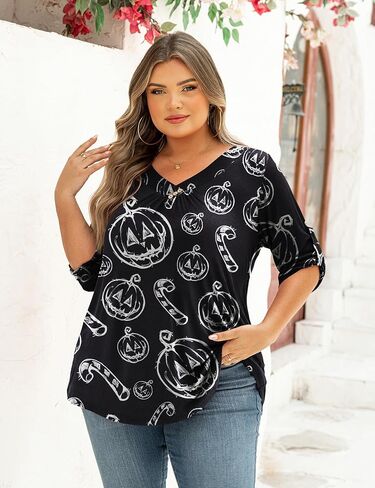 FOLUNSI Womens Plus Size 3/4 Roll Sleeve Blouses V Neck Casual Tunic Tops in Kuwait