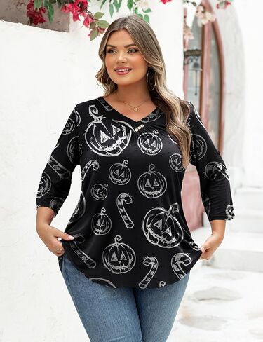 FOLUNSI Womens Plus Size 3/4 Roll Sleeve Blouses V Neck Casual Tunic Tops in Kuwait