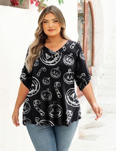 FOLUNSI Womens Plus Size 3/4 Roll Sleeve Blouses V Neck Casual Tunic Tops in Kuwait